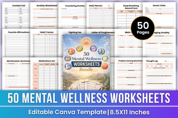 50 Mental Wellness Worksheets Bundle